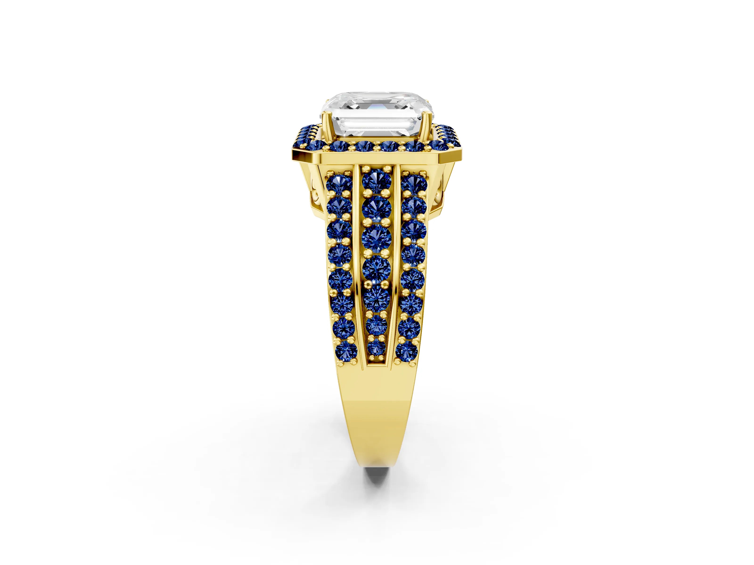 Yellow gold Asscher Cut Halo Diamond Ring with Round with Blue Sapphire side stone Split Shank and Prong Setting_2