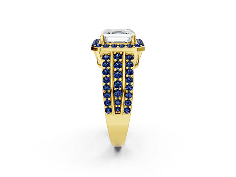 Yellow gold Asscher Cut Halo Diamond Ring with Round with Blue Sapphire side stone Split Shank and Prong Setting_2