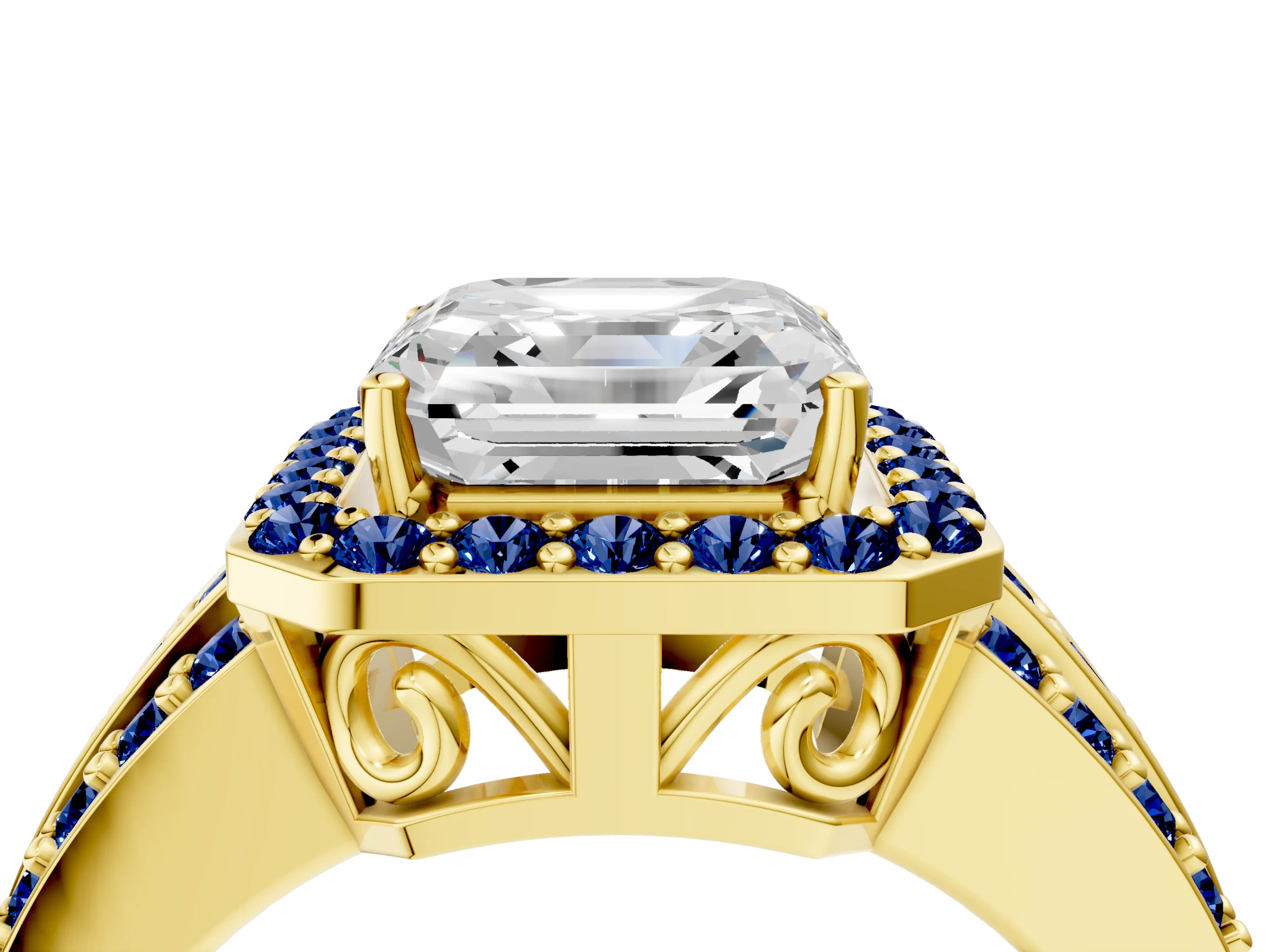 Yellow gold Asscher Cut Halo Diamond Ring with Round with Blue Sapphire side stone Split Shank and Prong Setting_4