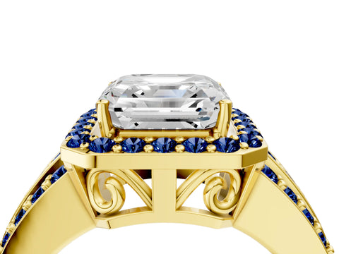Yellow gold Asscher Cut Halo Diamond Ring with Round with Blue Sapphire side stone Split Shank and Prong Setting_4