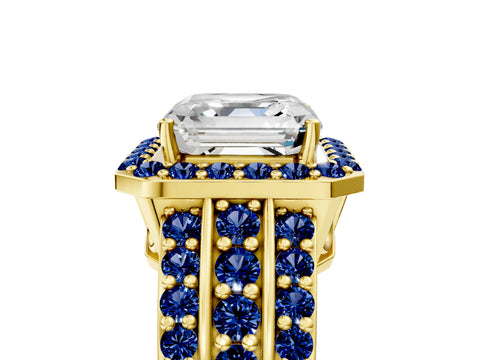 Yellow gold Asscher Cut Halo Diamond Ring with Round with Blue Sapphire side stone Split Shank and Prong Setting_5
