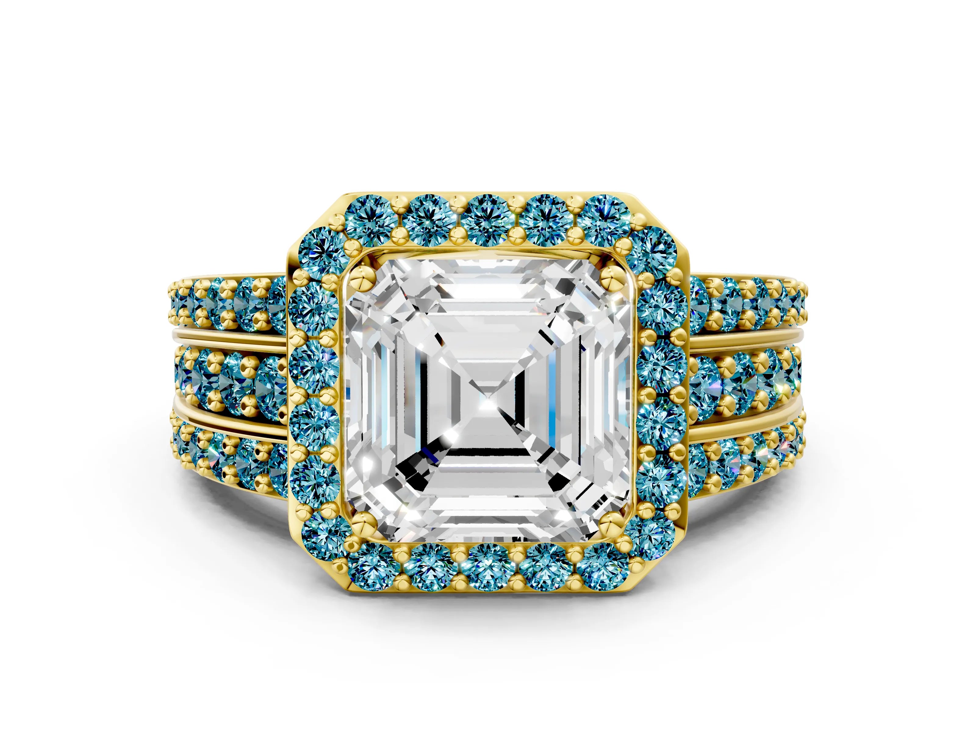 Yellow gold Asscher Cut Halo Diamond Ring with Round with Blue Topaz side stone Split Shank and Prong Setting