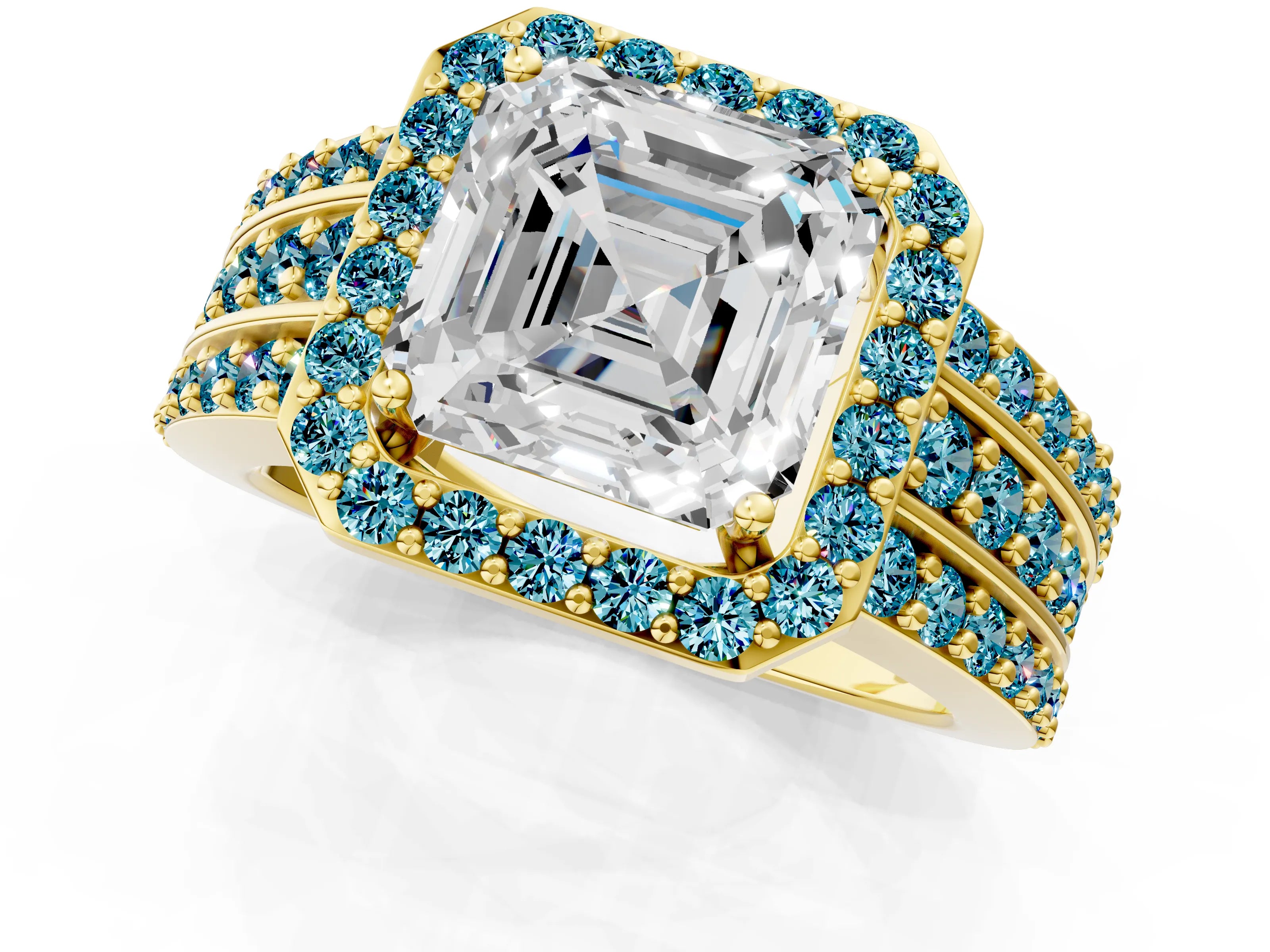 Yellow gold Asscher Cut Halo Diamond Ring with Round with Blue Topaz side stone Split Shank and Prong Setting_1