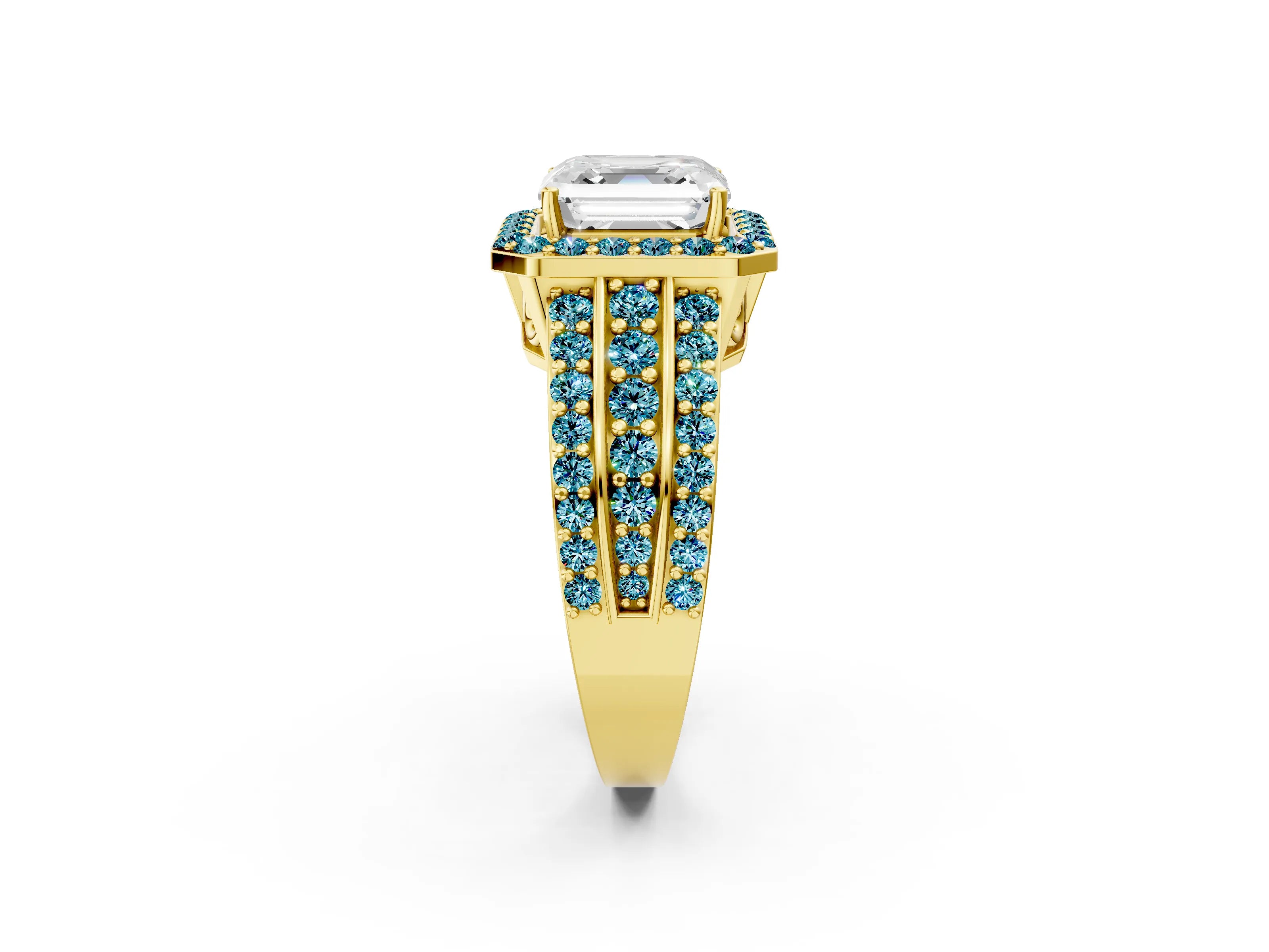 Yellow gold Asscher Cut Halo Diamond Ring with Round with Blue Topaz side stone Split Shank and Prong Setting_2