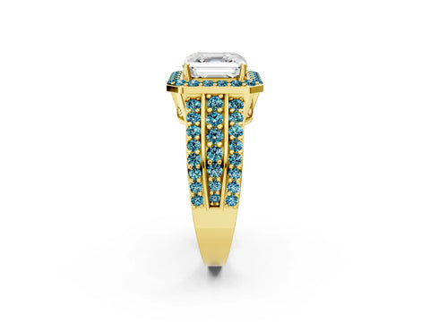 Yellow gold Asscher Cut Halo Diamond Ring with Round with Blue Topaz side stone Split Shank and Prong Setting_2