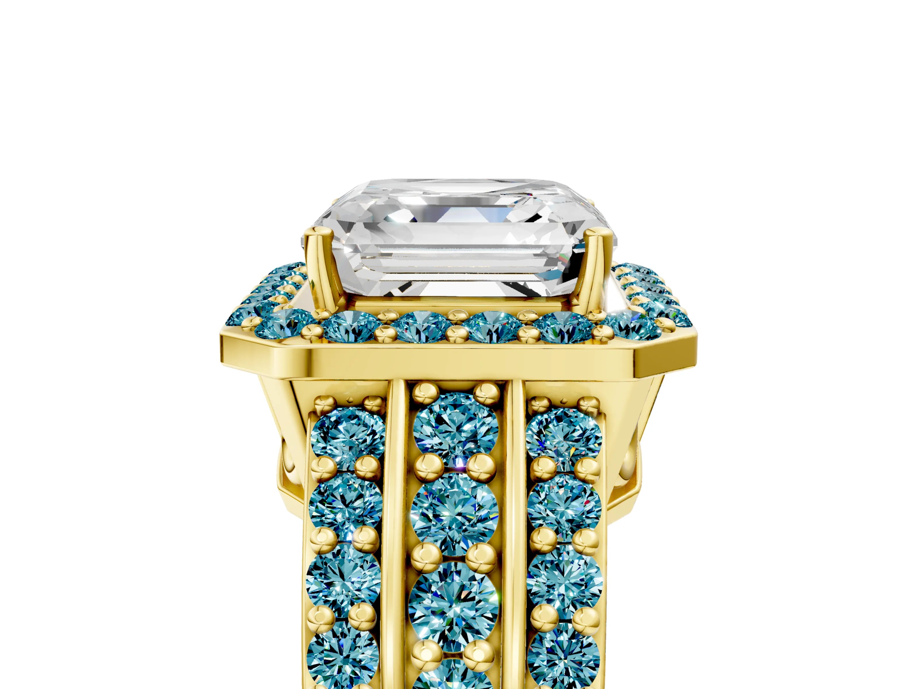 Yellow gold Asscher Cut Halo Diamond Ring with Round with Blue Topaz side stone Split Shank and Prong Setting_5