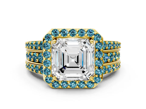 Yellow gold Asscher Cut Halo Diamond Ring with Round with Blue Topaz side stone Split Shank and Prong Setting