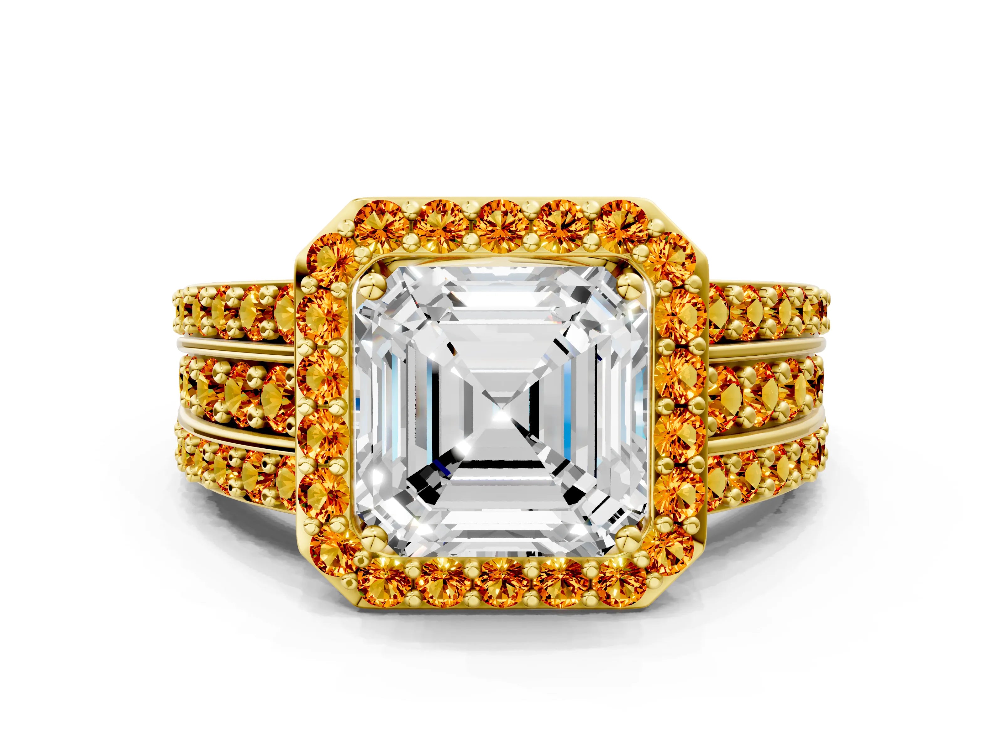 Yellow gold Asscher Cut Halo Diamond Ring with Round with Citrine side stone Split Shank and Prong Setting
