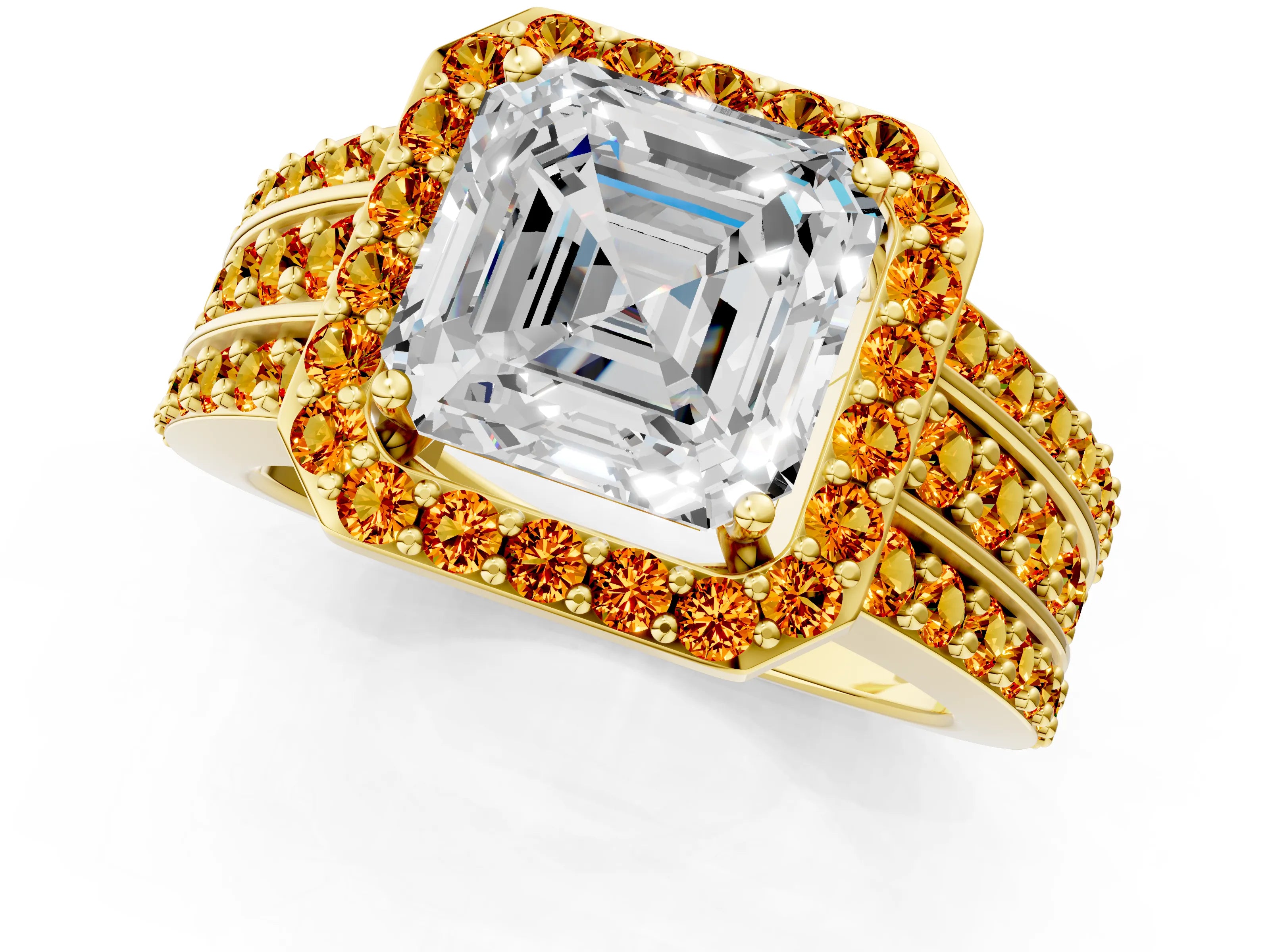 Yellow gold Asscher Cut Halo Diamond Ring with Round with Citrine side stone Split Shank and Prong Setting_1