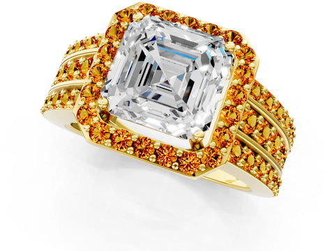Yellow gold Asscher Cut Halo Diamond Ring with Round with Citrine side stone Split Shank and Prong Setting_1