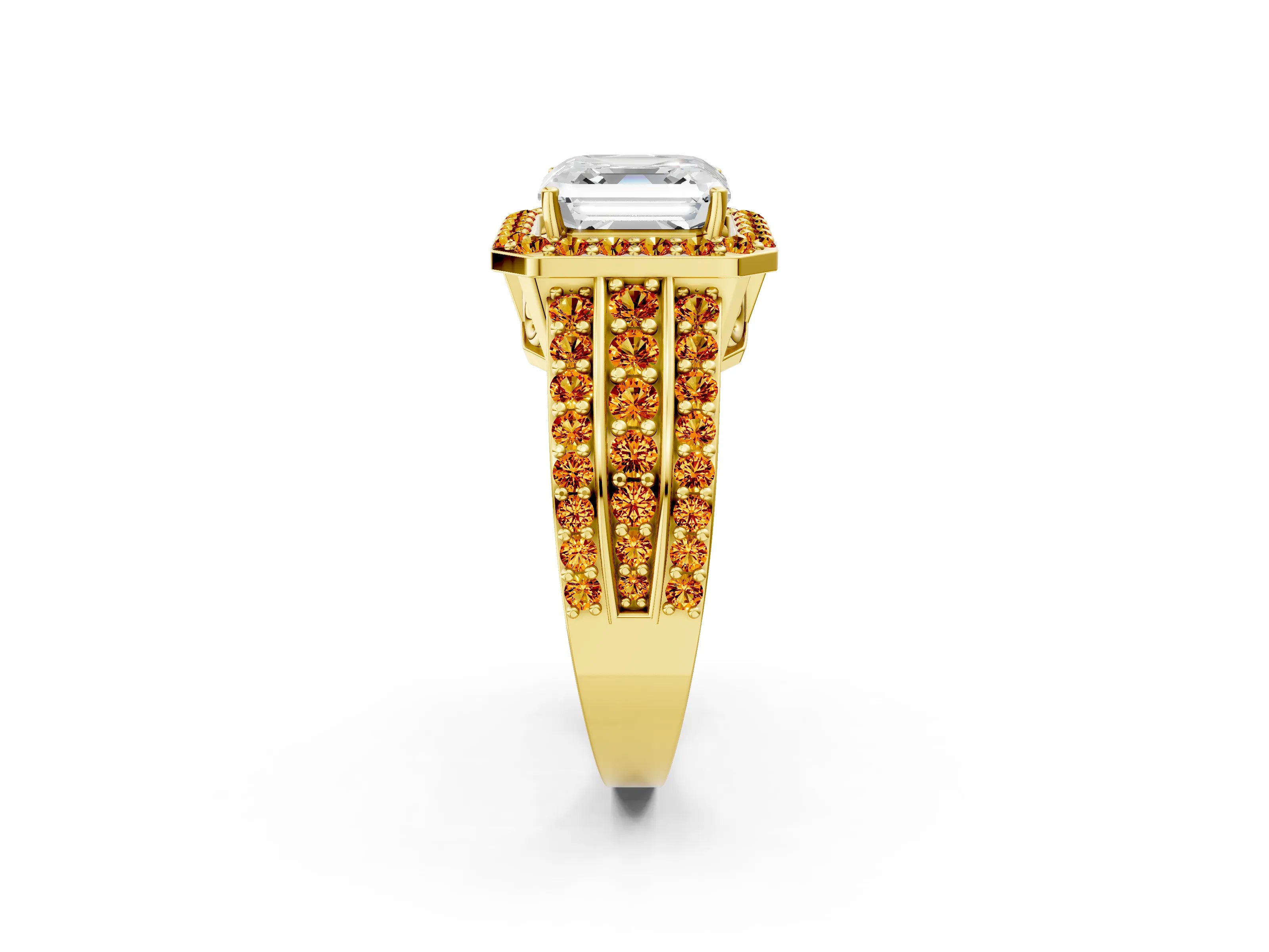 Yellow gold Asscher Cut Halo Diamond Ring with Round with Citrine side stone Split Shank and Prong Setting_2