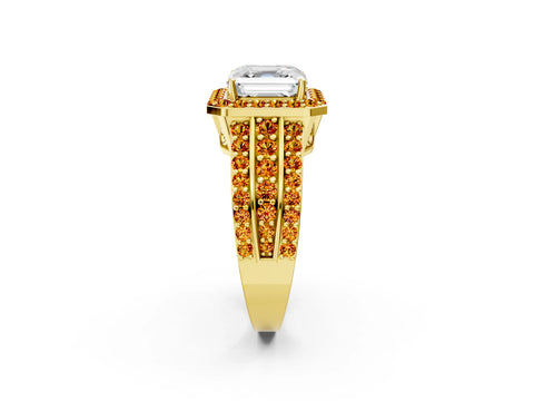 Yellow gold Asscher Cut Halo Diamond Ring with Round with Citrine side stone Split Shank and Prong Setting_2