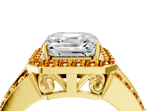 Yellow gold Asscher Cut Halo Diamond Ring with Round with Citrine side stone Split Shank and Prong Setting_4