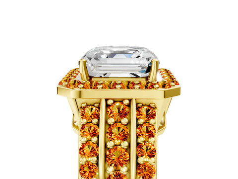 Yellow gold Asscher Cut Halo Diamond Ring with Round with Citrine side stone Split Shank and Prong Setting_5
