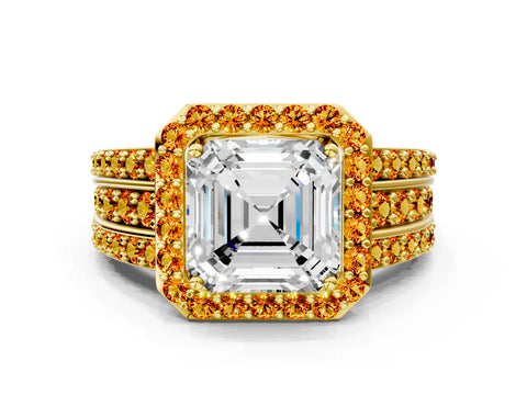 Yellow gold Asscher Cut Halo Diamond Ring with Round with Citrine side stone Split Shank and Prong Setting
