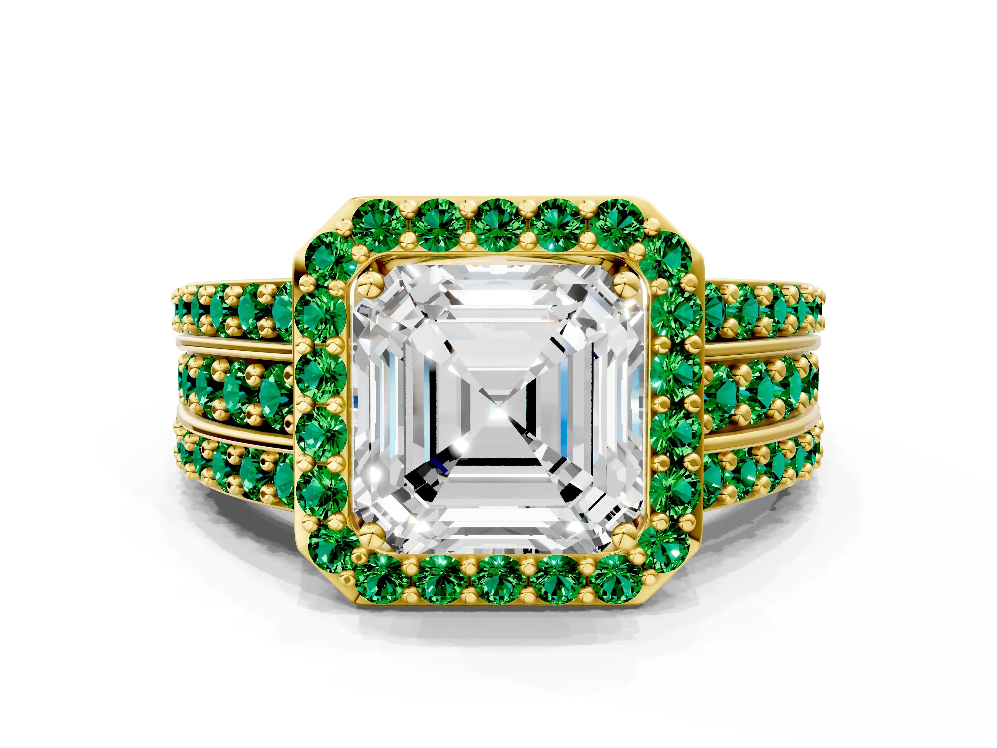 Yellow gold Asscher Cut Halo Diamond Ring with Round with Emerald side stone Split Shank and Prong Setting