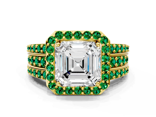 Yellow Gold Asscher Cut Halo Engagement Ring Setting with Lab-Grown Emerald Three Row Pave Band