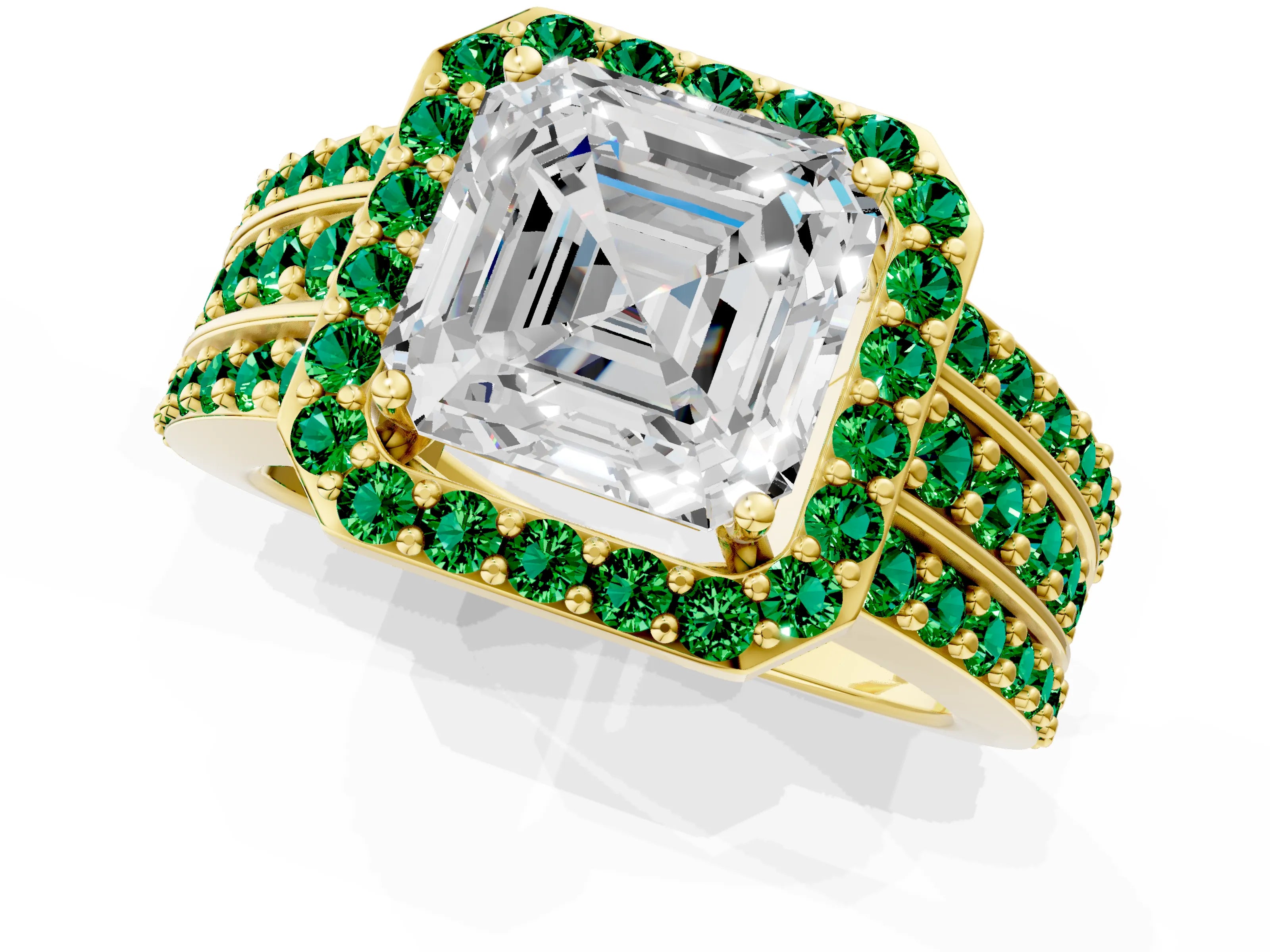 Yellow gold Asscher Cut Halo Diamond Ring with Round with Emerald side stone Split Shank and Prong Setting_1