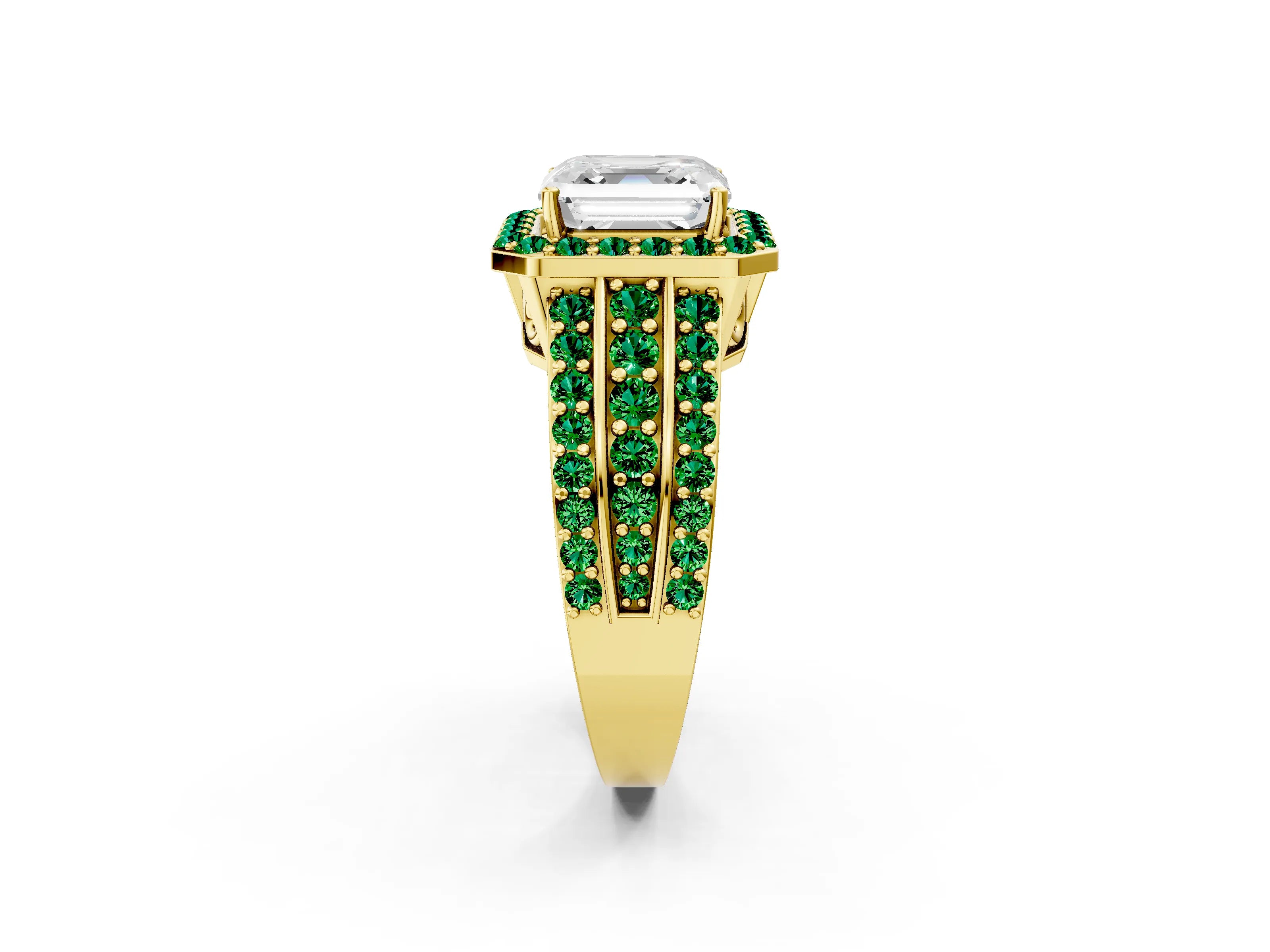 Yellow gold Asscher Cut Halo Diamond Ring with Round with Emerald side stone Split Shank and Prong Setting_2