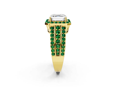 Yellow gold Asscher Cut Halo Diamond Ring with Round with Emerald side stone Split Shank and Prong Setting_2