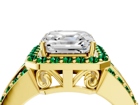 Yellow gold Asscher Cut Halo Diamond Ring with Round with Emerald side stone Split Shank and Prong Setting_4