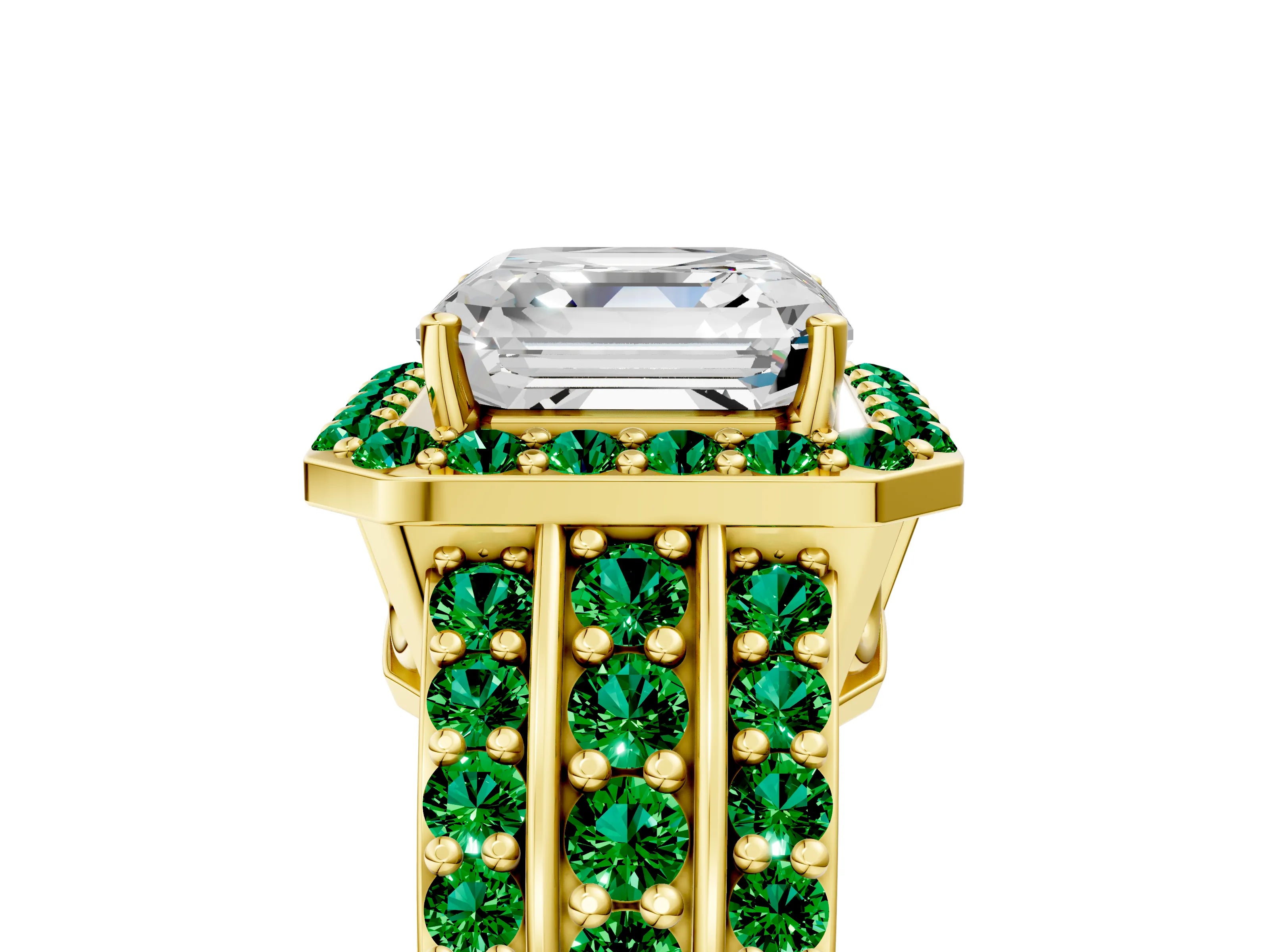 Yellow gold Asscher Cut Halo Diamond Ring with Round with Emerald side stone Split Shank and Prong Setting_5