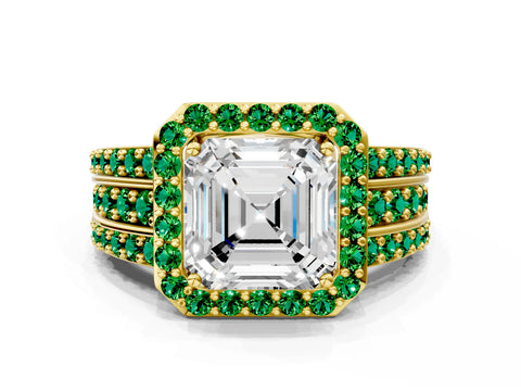 Yellow gold Asscher Cut Halo Diamond Ring with Round with Emerald side stone Split Shank and Prong Setting