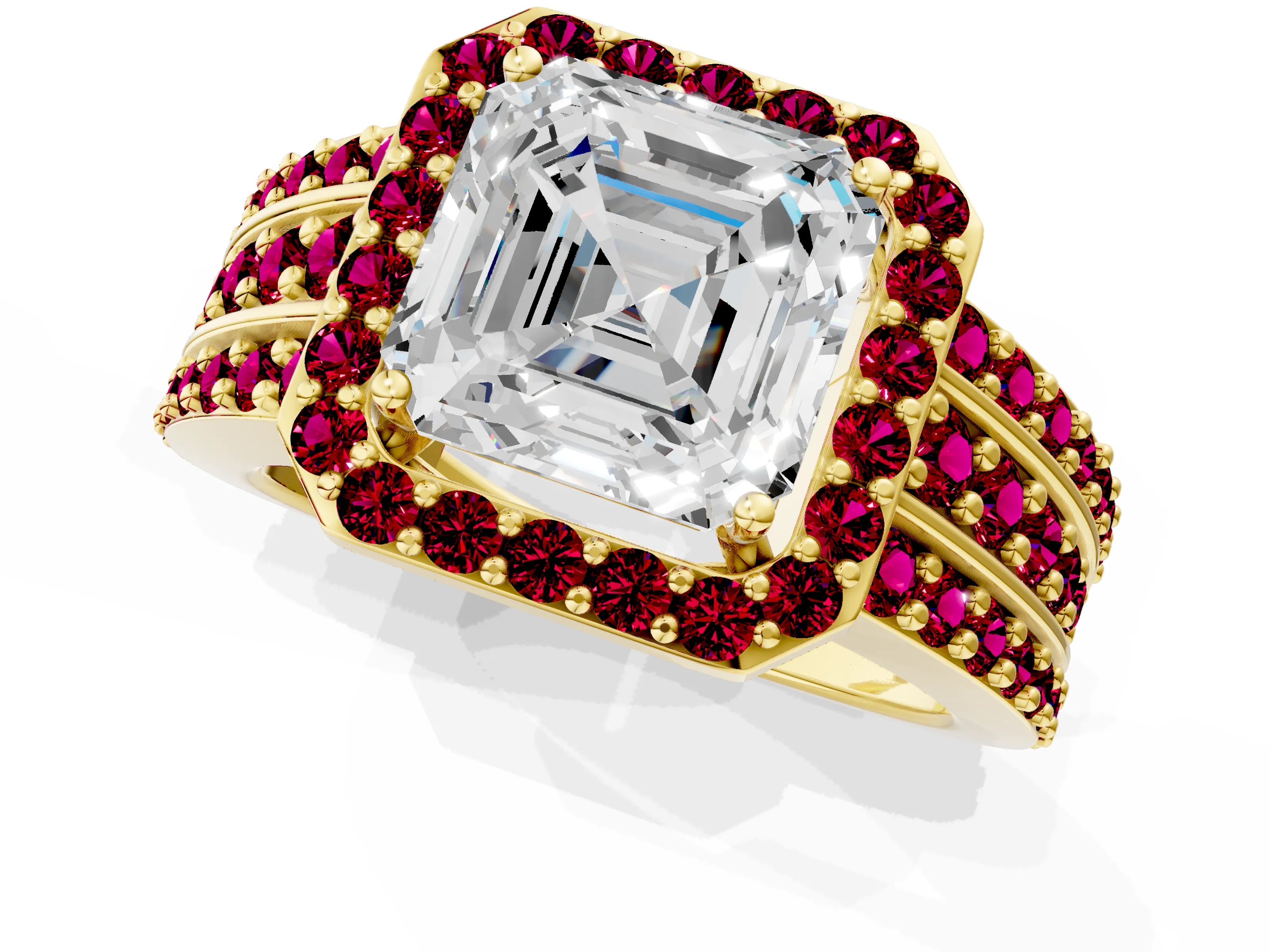 Yellow gold Asscher Cut Halo Diamond Ring with Round with Garnet side stone Split Shank and Prong Setting_1