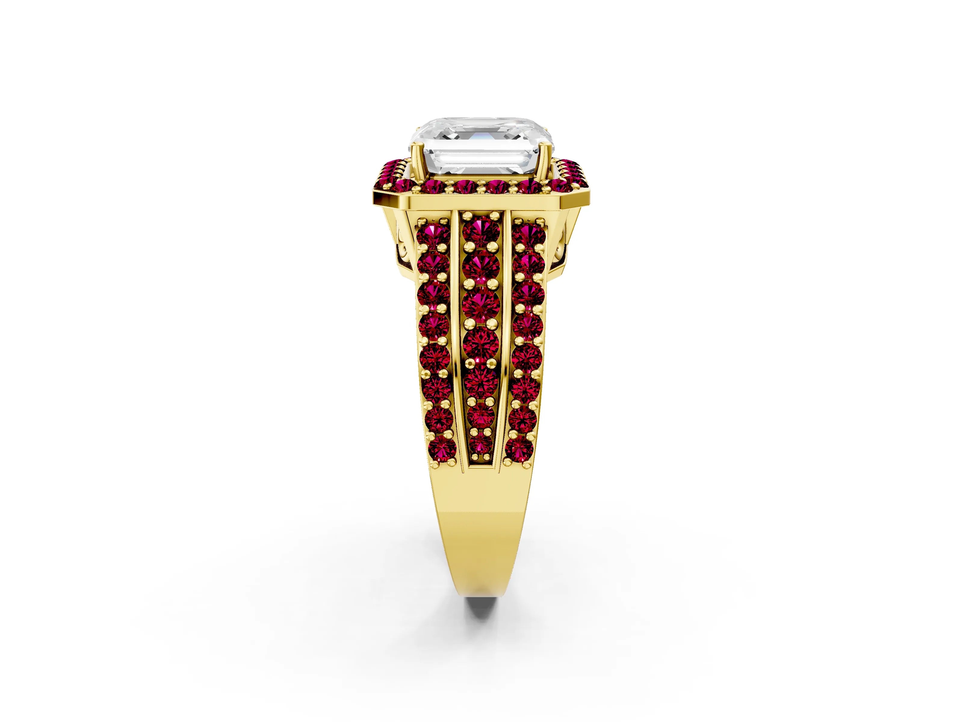 Yellow gold Asscher Cut Halo Diamond Ring with Round with Garnet side stone Split Shank and Prong Setting_2