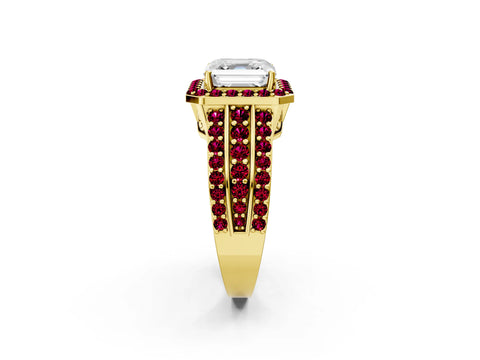 Yellow gold Asscher Cut Halo Diamond Ring with Round with Garnet side stone Split Shank and Prong Setting_2
