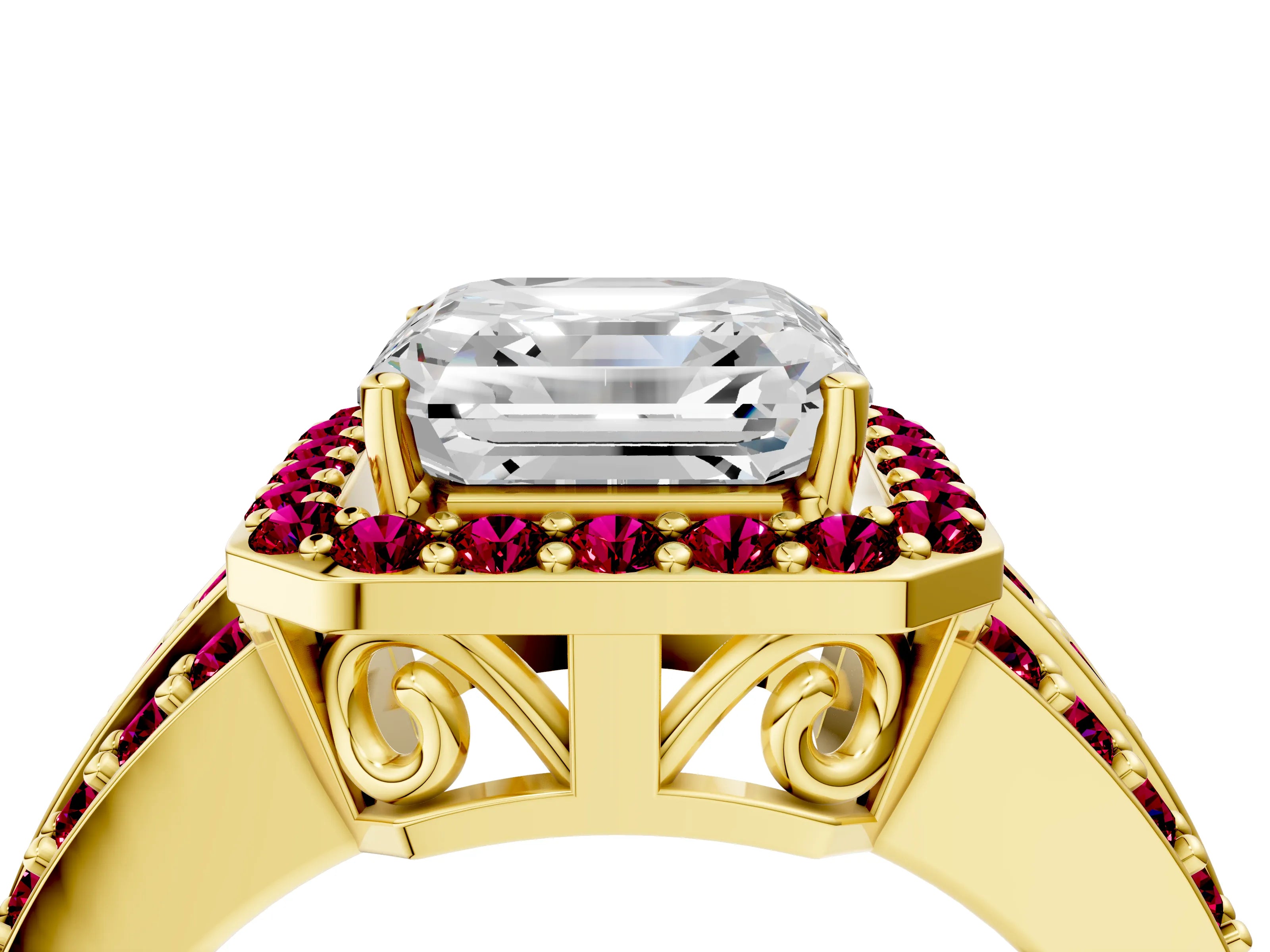 Yellow gold Asscher Cut Halo Diamond Ring with Round with Garnet side stone Split Shank and Prong Setting_4