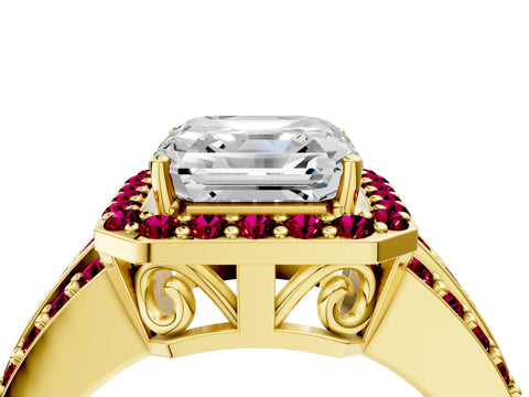 Yellow gold Asscher Cut Halo Diamond Ring with Round with Garnet side stone Split Shank and Prong Setting_4