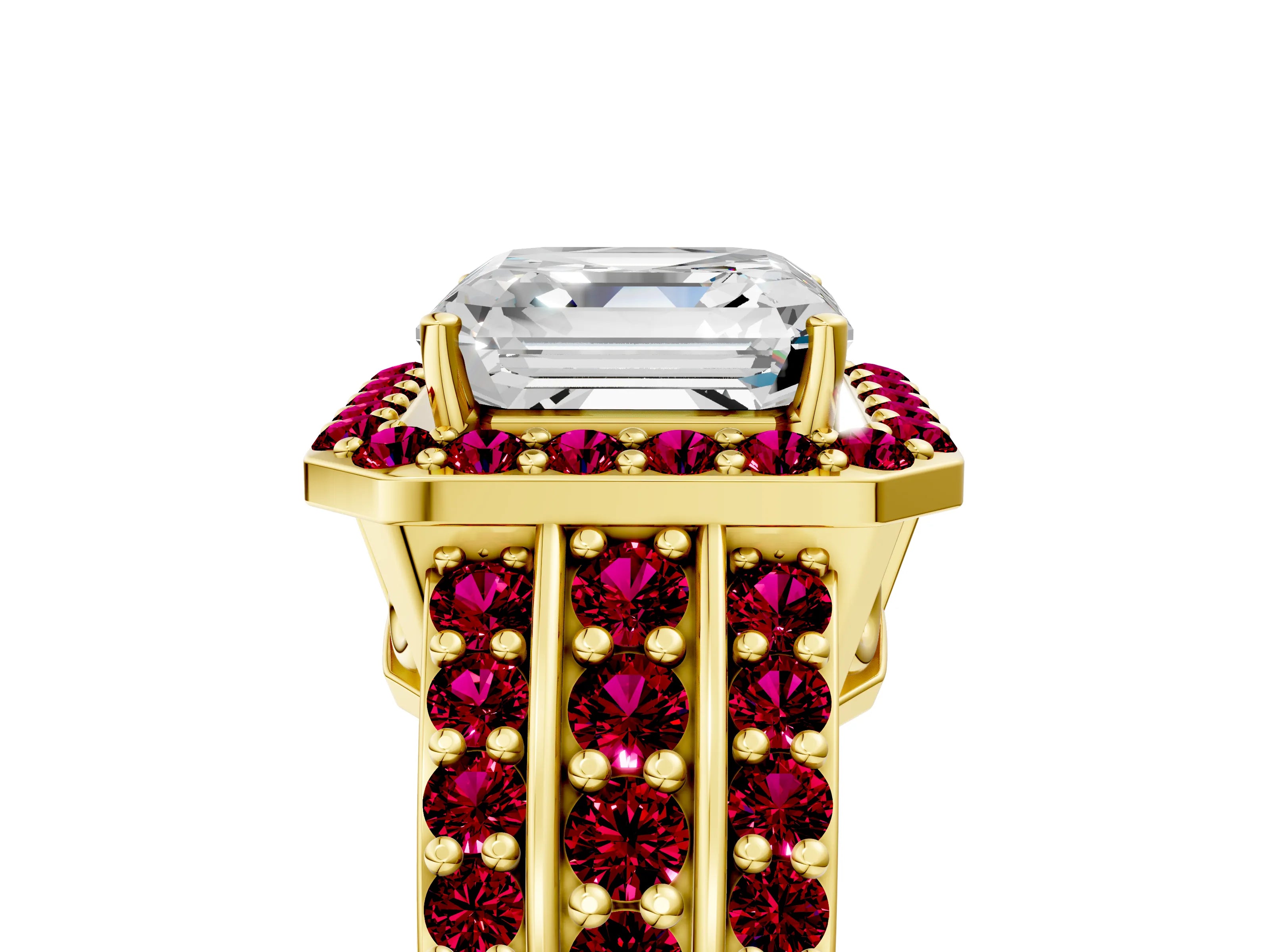 Yellow gold Asscher Cut Halo Diamond Ring with Round with Garnet side stone Split Shank and Prong Setting_5