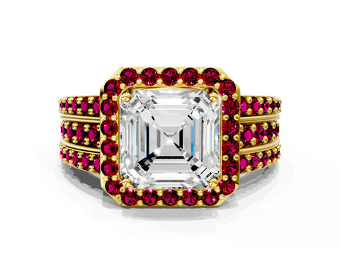 Yellow gold Asscher Cut Halo Diamond Ring with Round with Garnet side stone Split Shank and Prong Setting