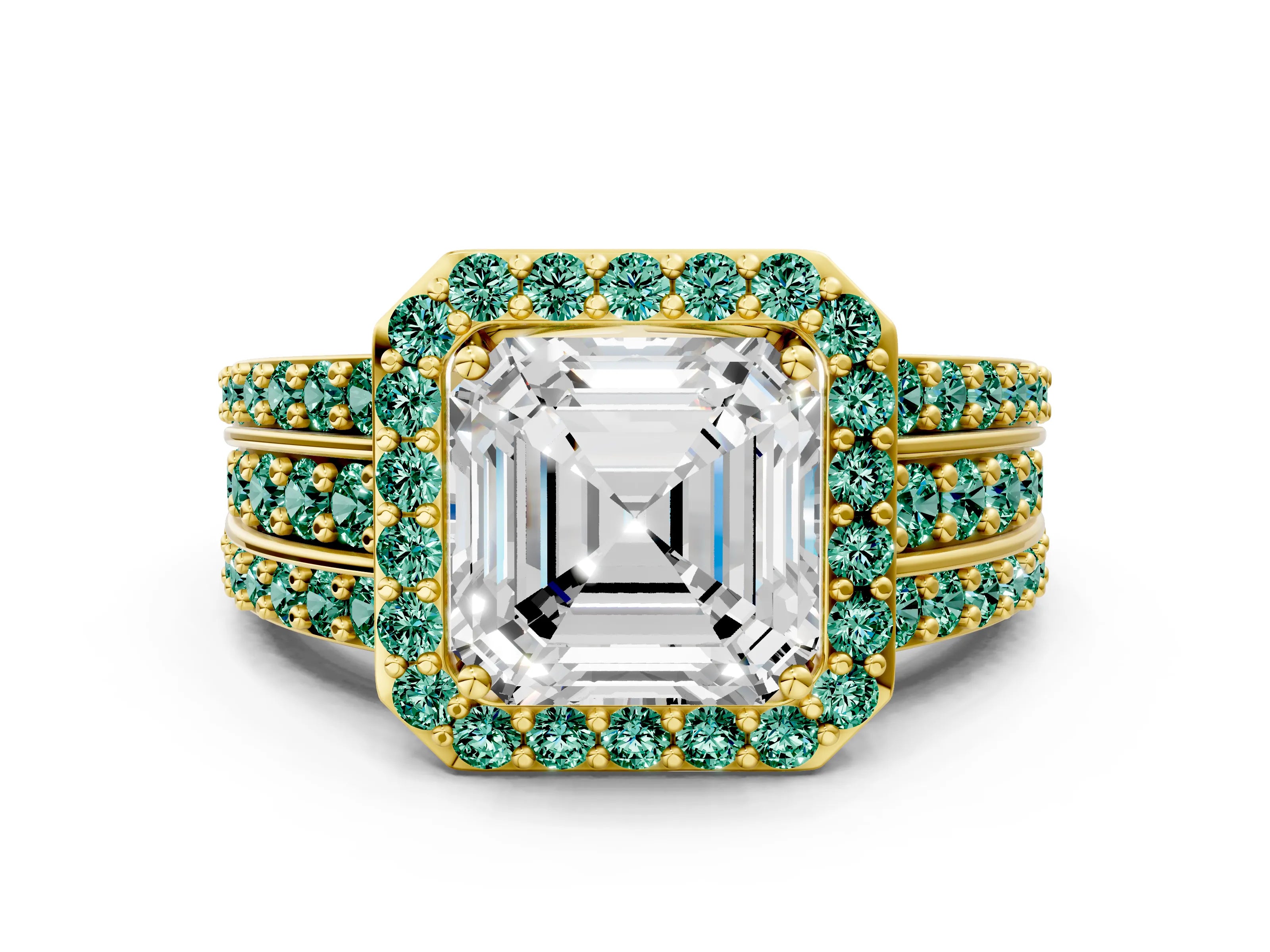 Yellow gold Asscher Cut Halo Diamond Ring with Round with Green Sapphire side stone Split Shank and Prong Setting