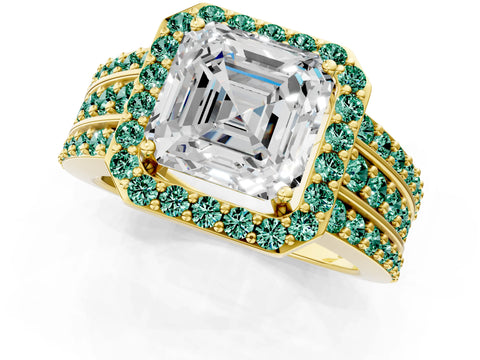Yellow gold Asscher Cut Halo Diamond Ring with Round with Green Sapphire side stone Split Shank and Prong Setting_1