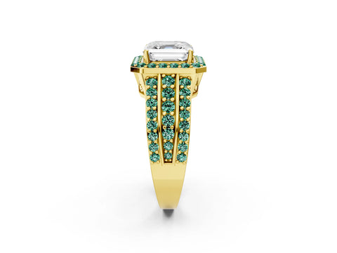 Yellow gold Asscher Cut Halo Diamond Ring with Round with Green Sapphire side stone Split Shank and Prong Setting_2