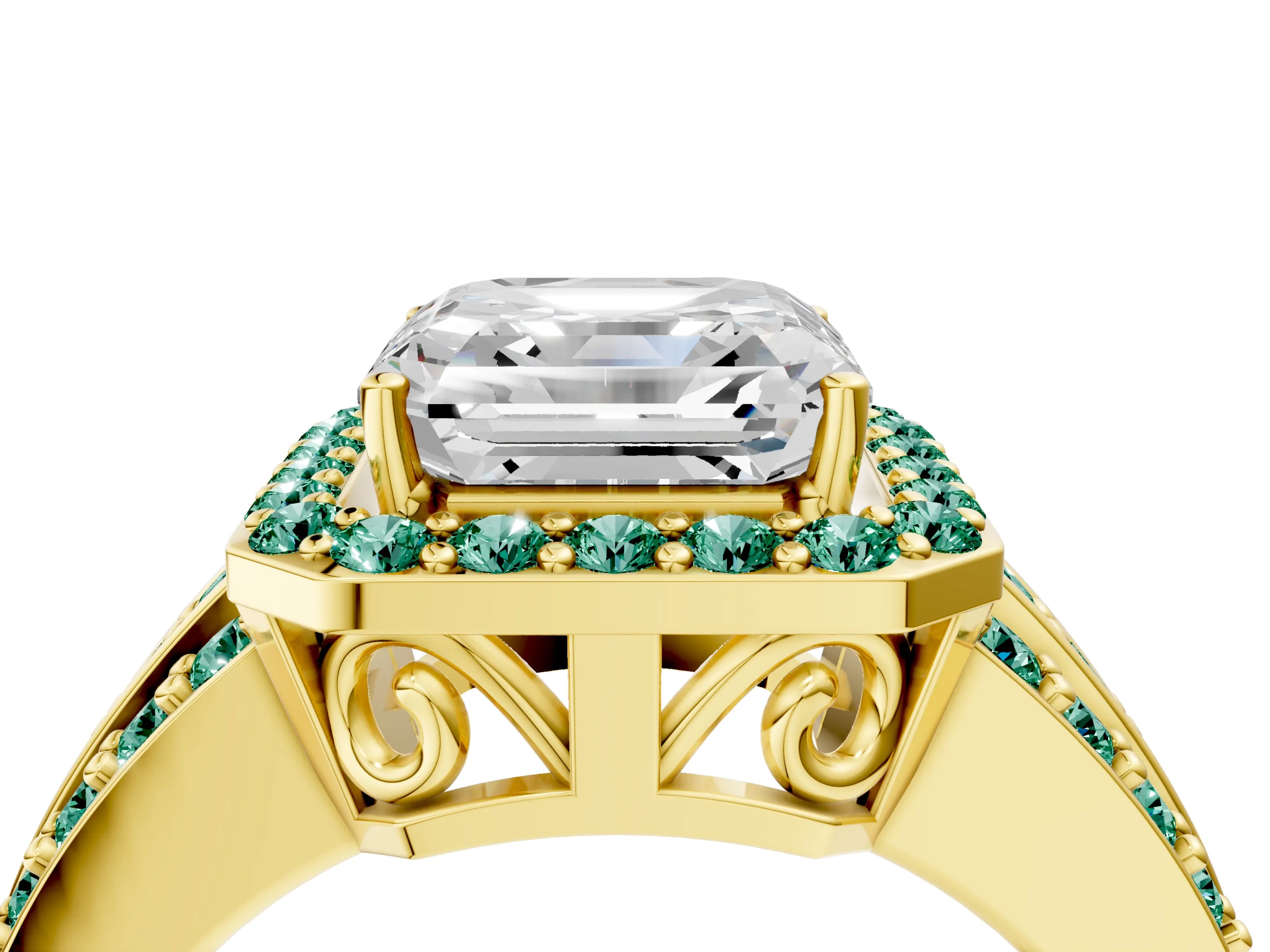 Yellow gold Asscher Cut Halo Diamond Ring with Round with Green Sapphire side stone Split Shank and Prong Setting_4