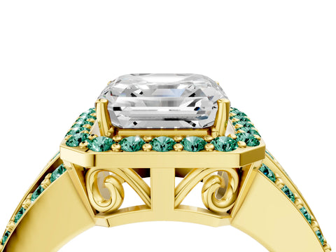 Yellow gold Asscher Cut Halo Diamond Ring with Round with Green Sapphire side stone Split Shank and Prong Setting_4