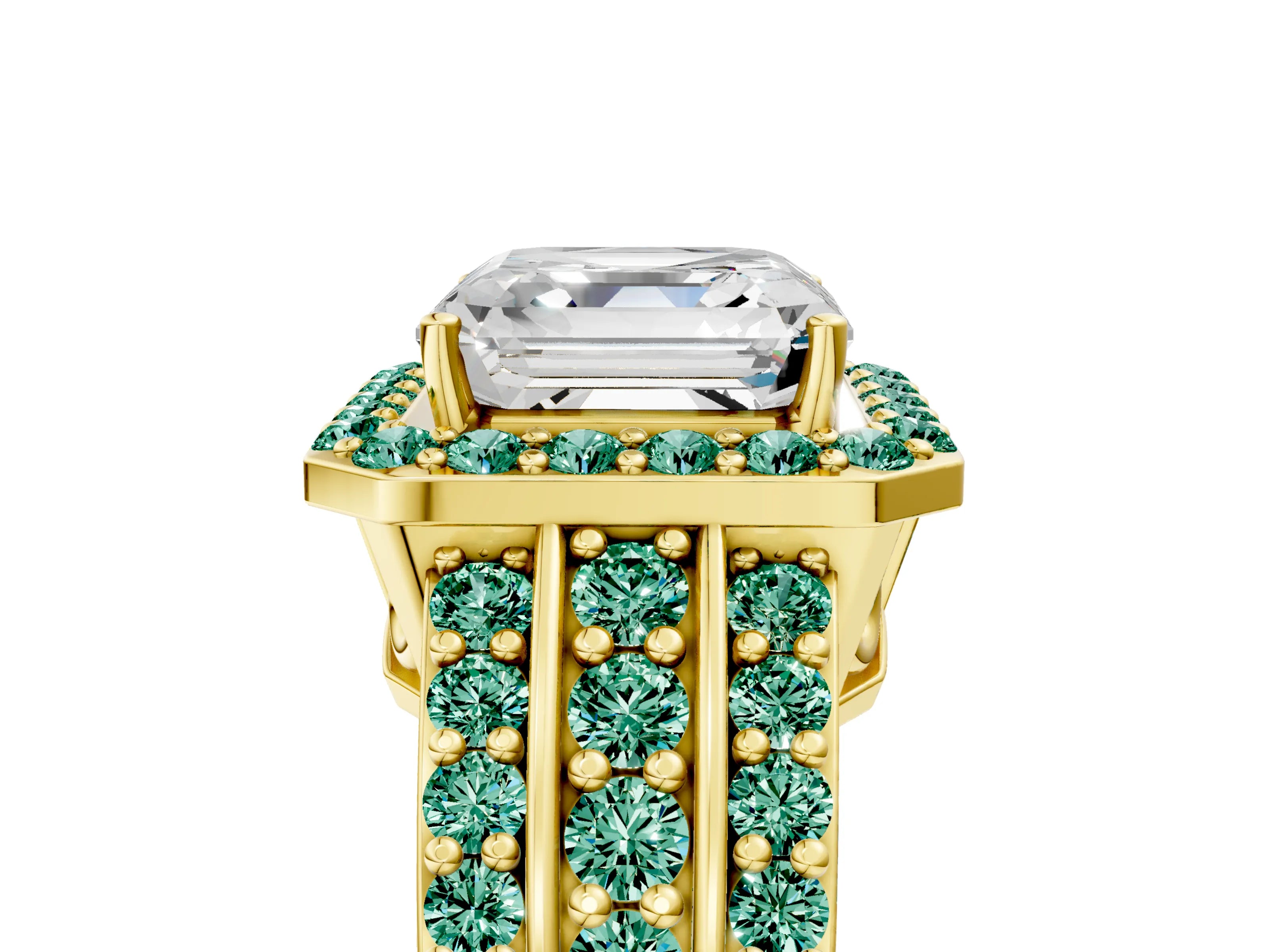 Yellow gold Asscher Cut Halo Diamond Ring with Round with Green Sapphire side stone Split Shank and Prong Setting_5