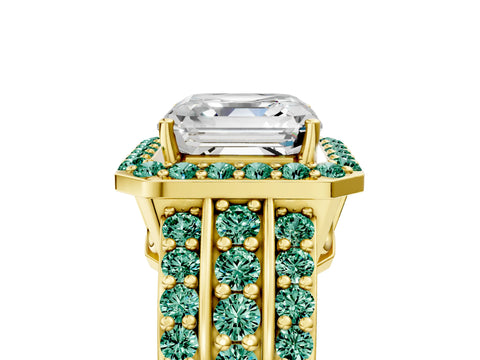 Yellow gold Asscher Cut Halo Diamond Ring with Round with Green Sapphire side stone Split Shank and Prong Setting_5