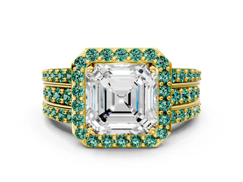 Yellow gold Asscher Cut Halo Diamond Ring with Round with Green Sapphire side stone Split Shank and Prong Setting