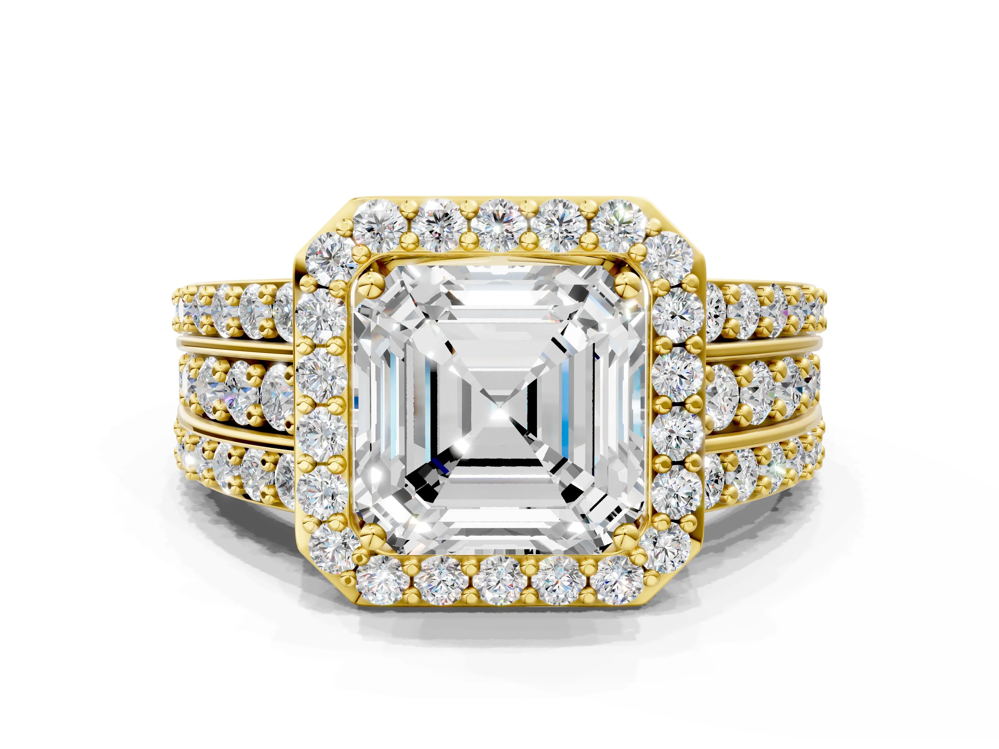 Yellow gold Asscher Cut Halo Diamond Ring with Round with Moissanite side stone Split Shank and Prong Setting