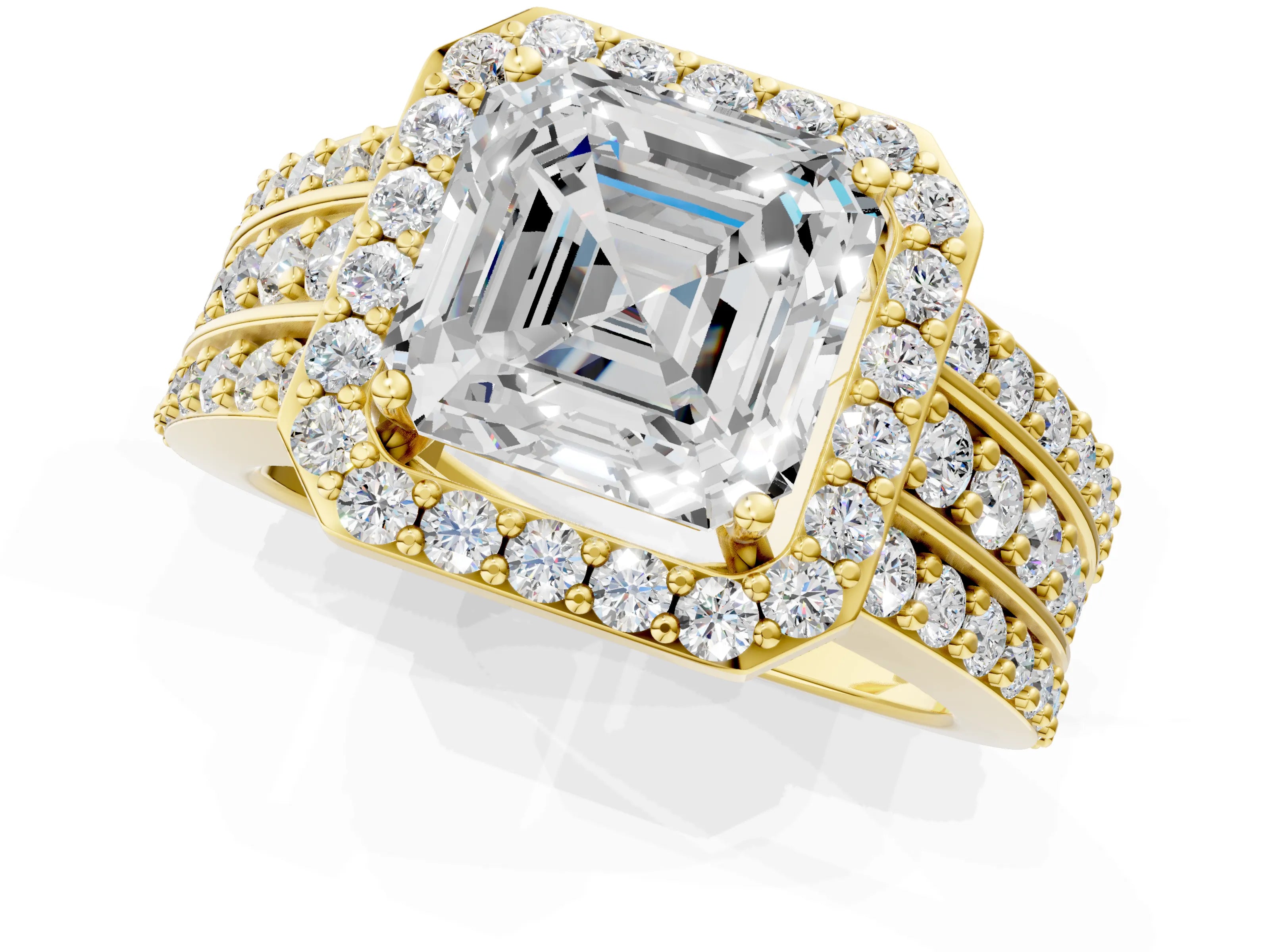 Yellow gold Asscher Cut Halo Diamond Ring with Round with Moissanite side stone Split Shank and Prong Setting_1