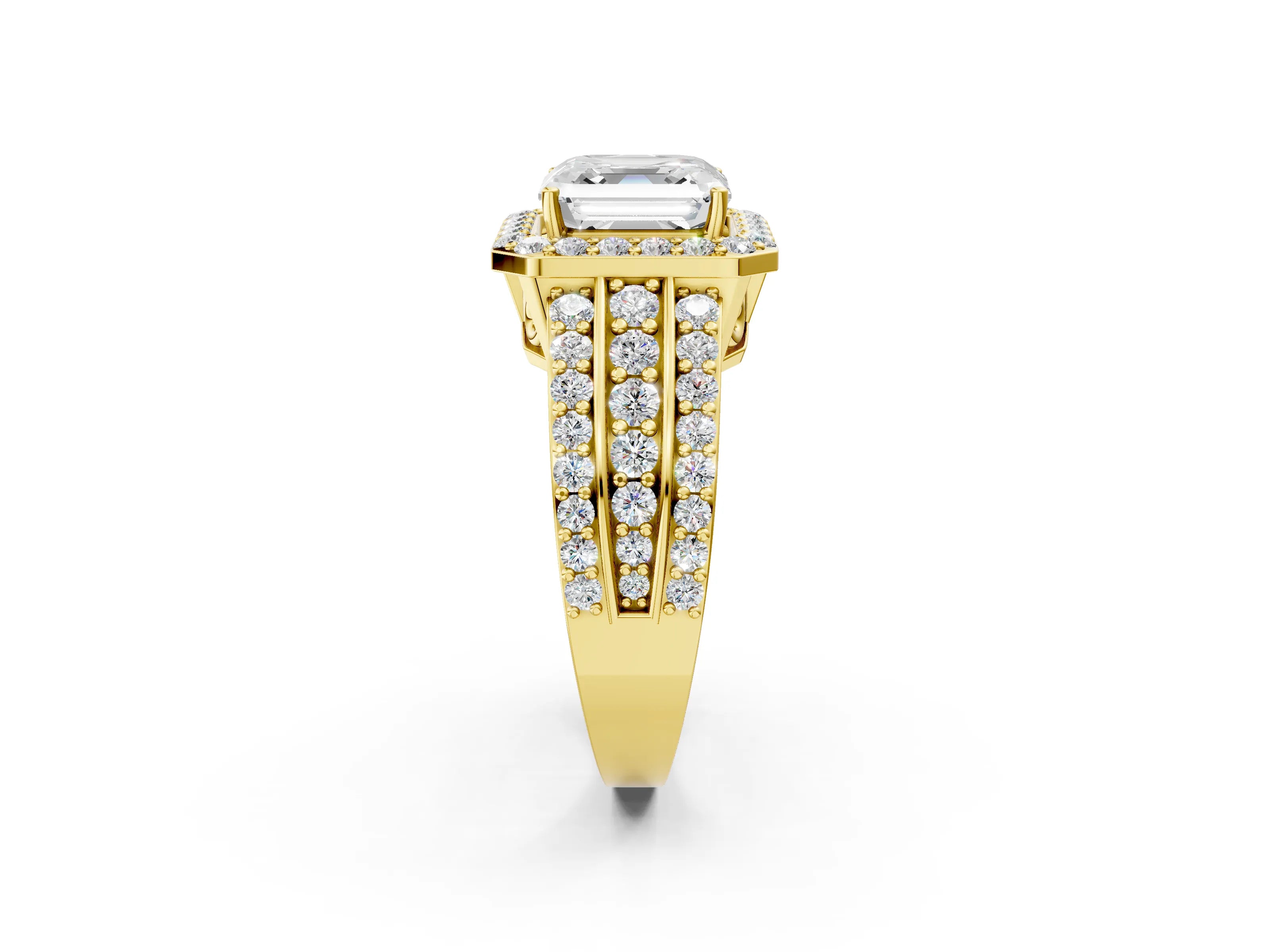 Yellow gold Asscher Cut Halo Diamond Ring with Round with Moissanite side stone Split Shank and Prong Setting_2
