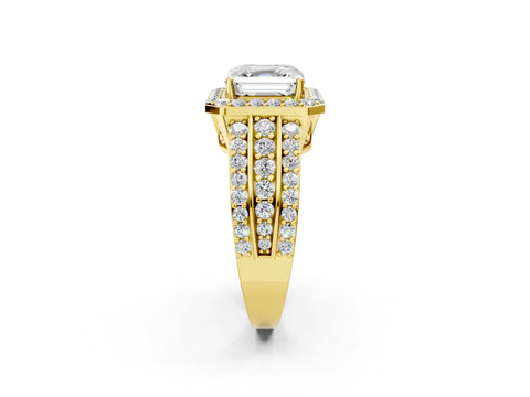 Yellow gold Asscher Cut Halo Diamond Ring with Round with Moissanite side stone Split Shank and Prong Setting_2