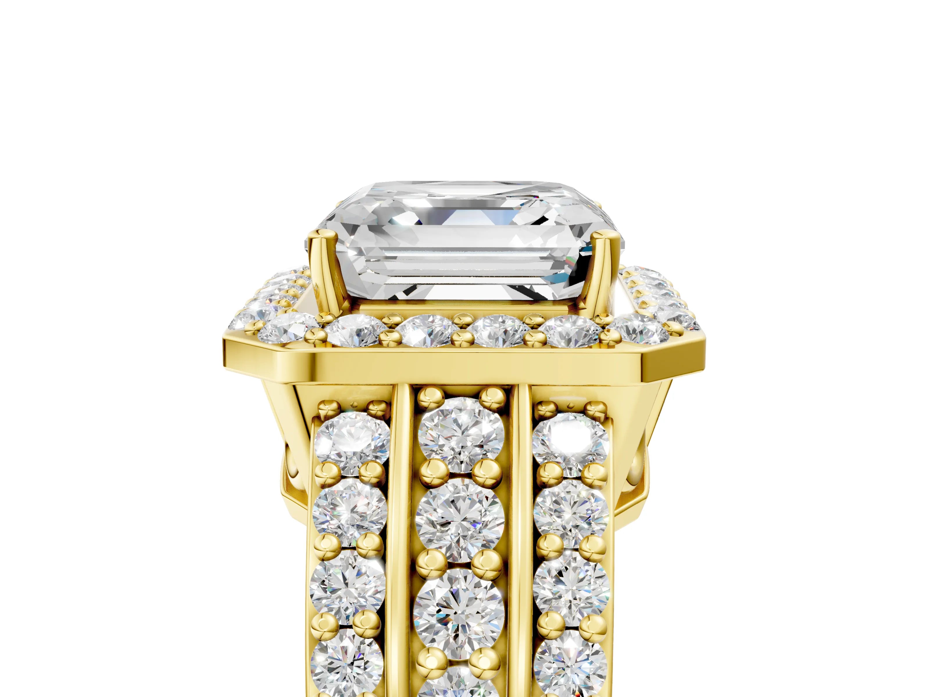 Yellow gold Asscher Cut Halo Diamond Ring with Round with Moissanite side stone Split Shank and Prong Setting_5