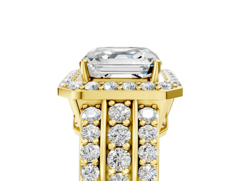 Yellow gold Asscher Cut Halo Diamond Ring with Round with Moissanite side stone Split Shank and Prong Setting_5