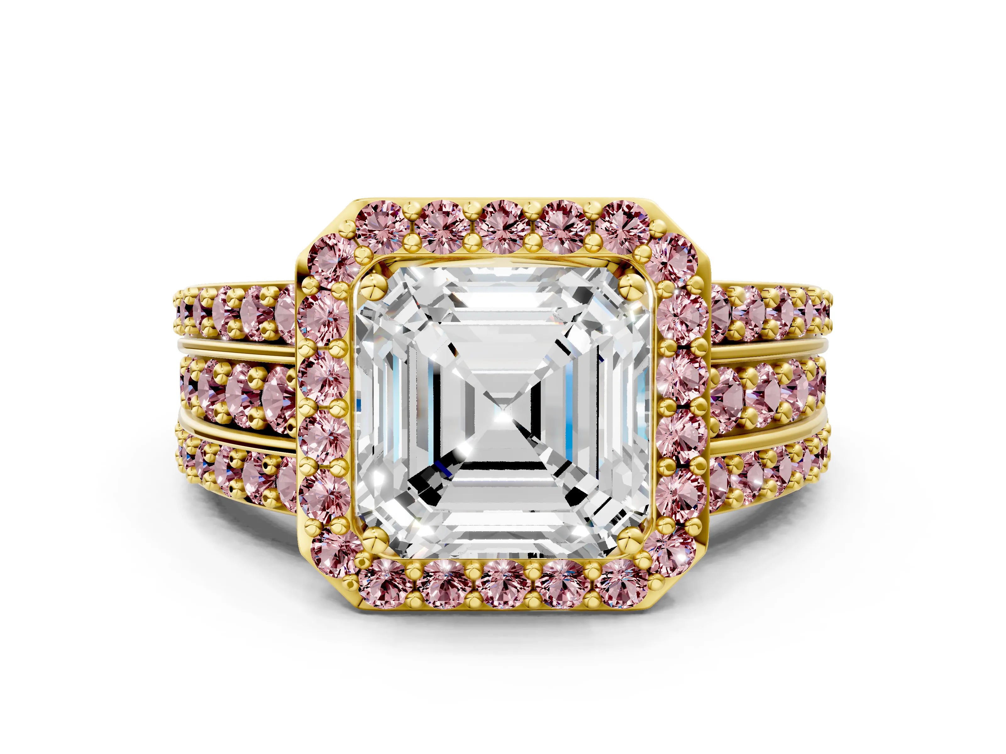 Yellow gold Asscher Cut Halo Diamond Ring with Round with Morganite side stone Split Shank and Prong Setting