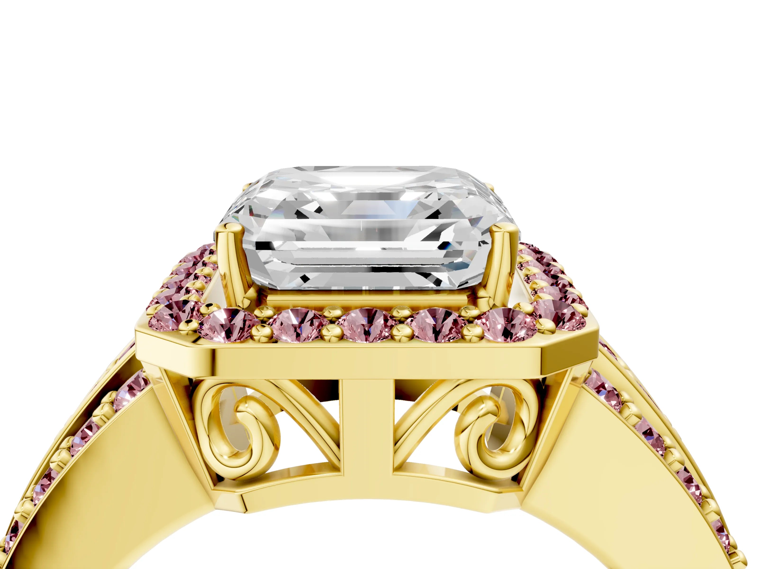Yellow gold Asscher Cut Halo Diamond Ring with Round with Morganite side stone Split Shank and Prong Setting_4